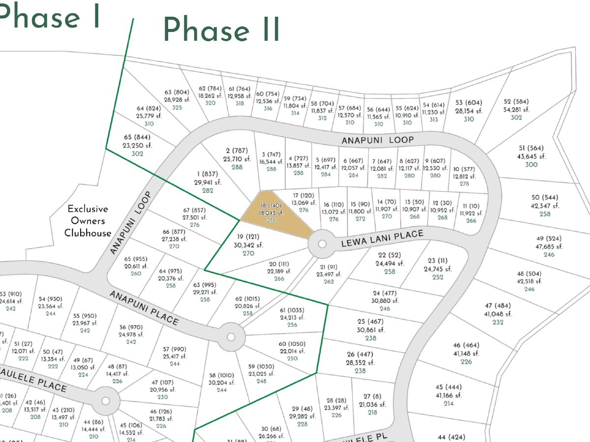 Lanikeha community map with Lot 18, 140 Lewa Lani Place, shaded at the end of Lewa Lani Place