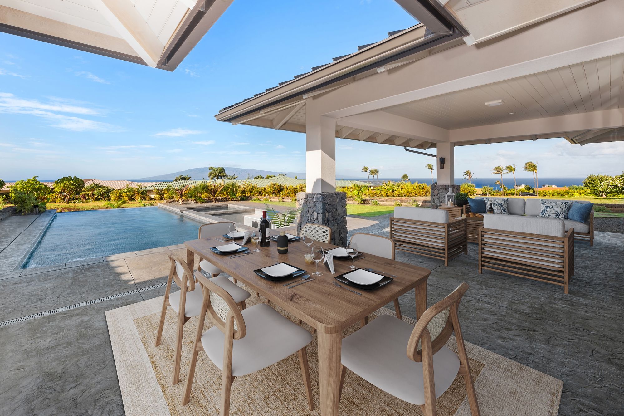 Covered lanai with dining (virtually staged)