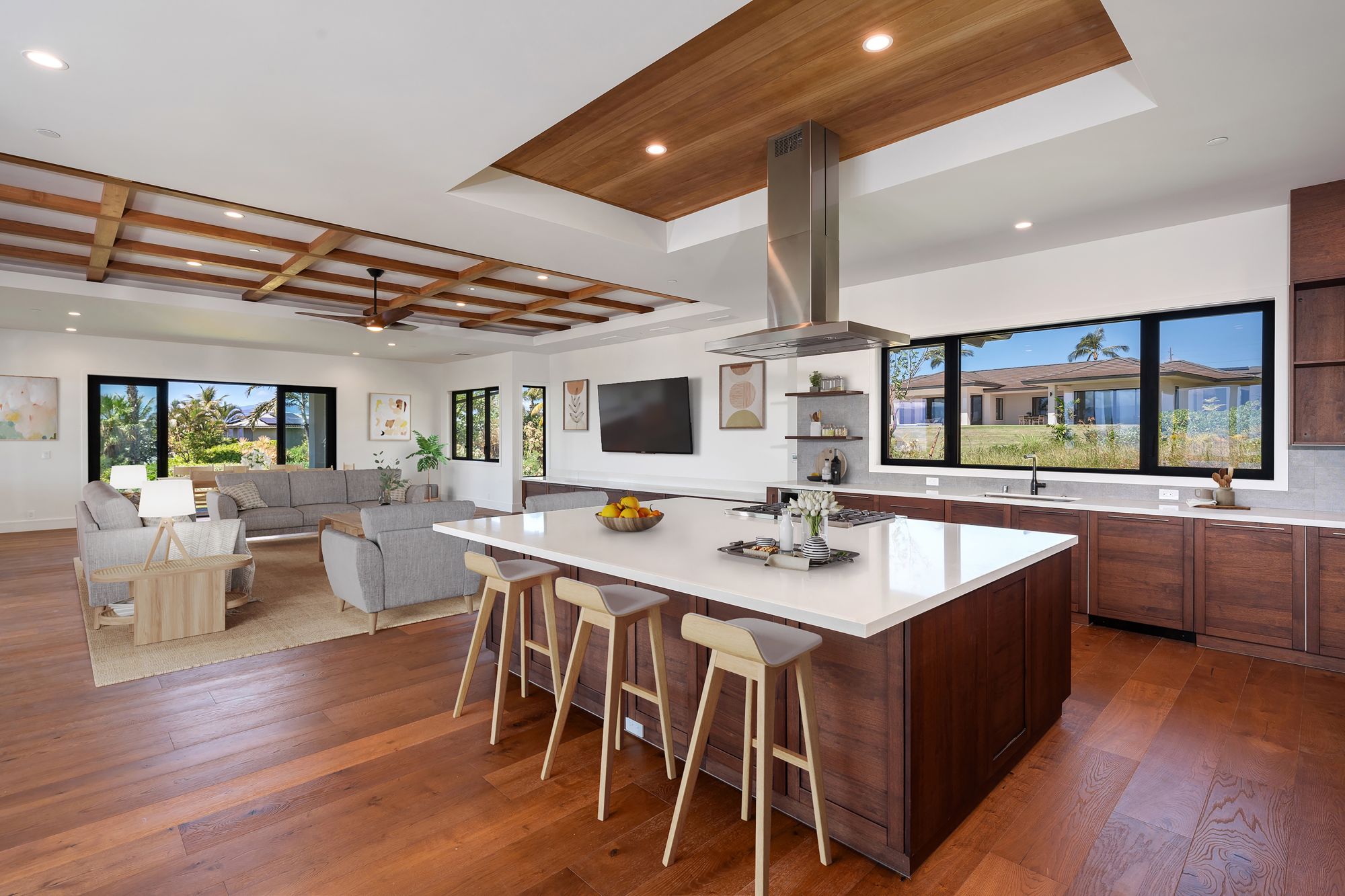 Kitchen and great room (virtually staged)