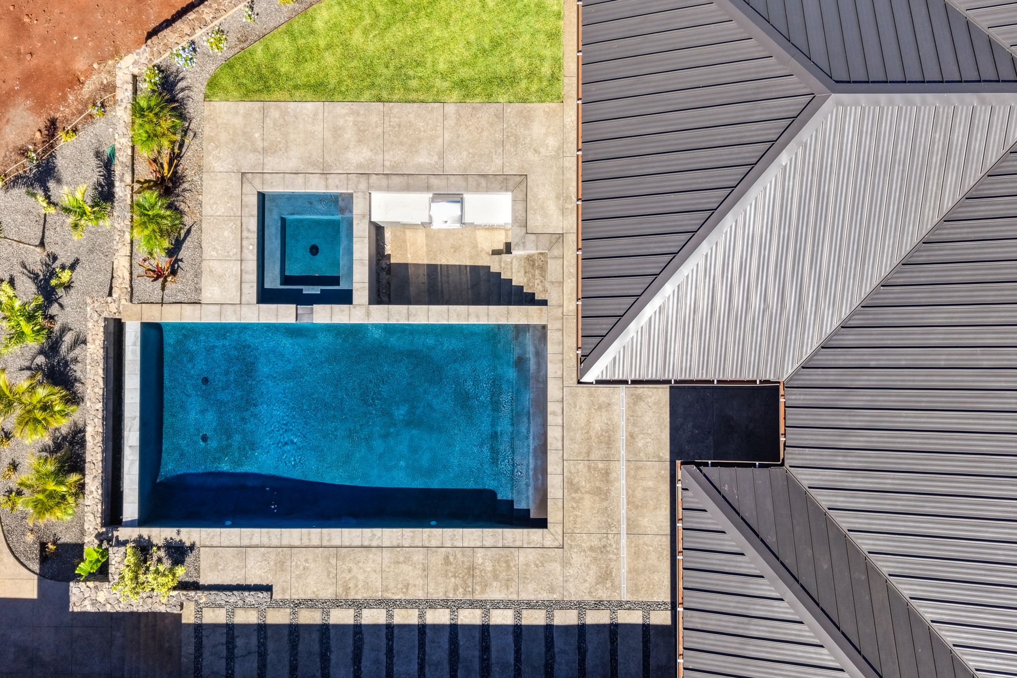 Overhead view of the pool and spa